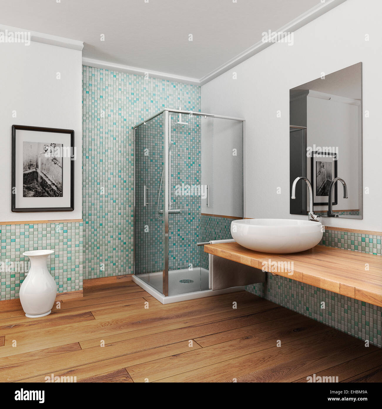 Large Bathroom With Wood Floor And Vintage Mosaic Light Blue And