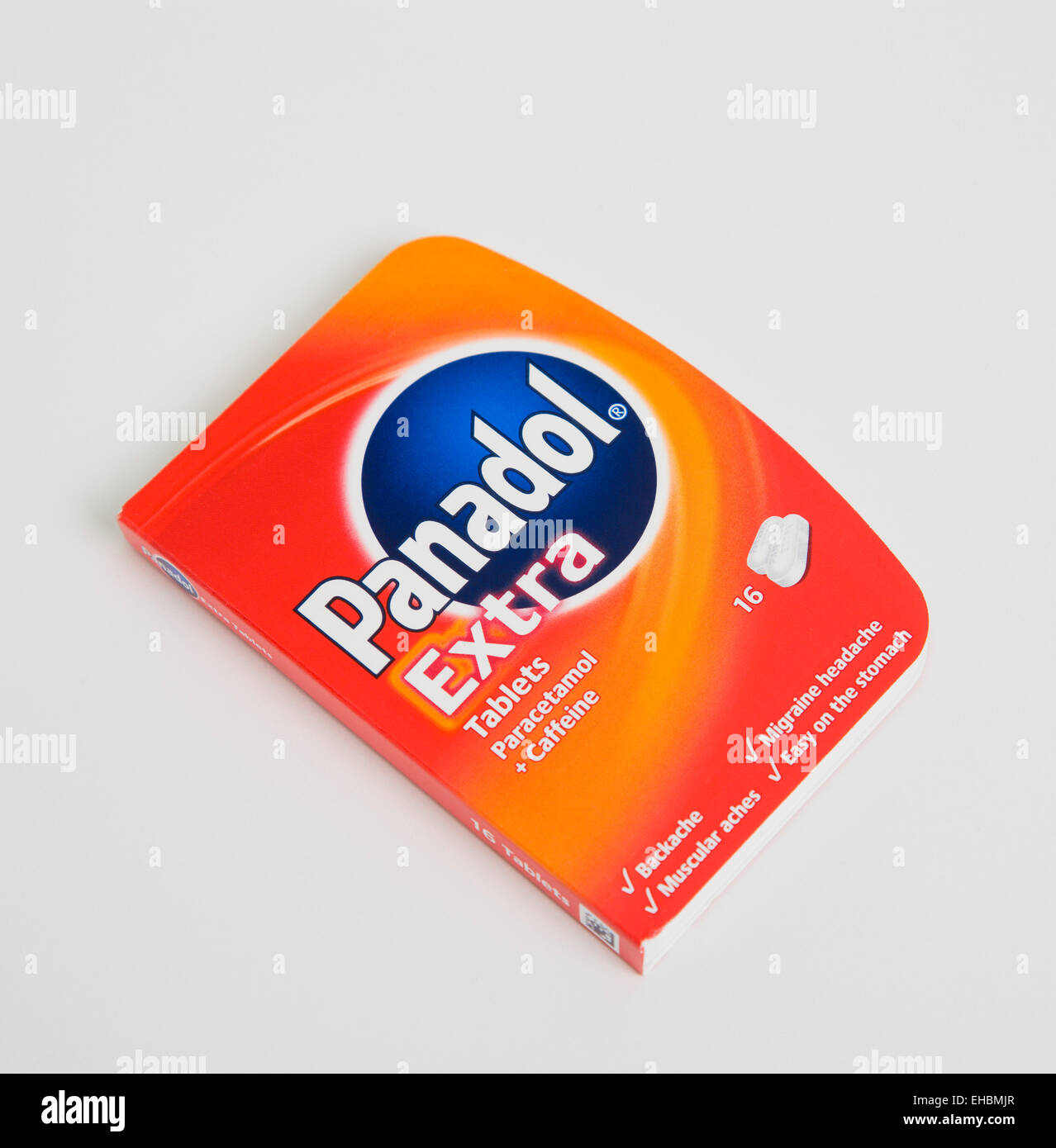 Health, Medical, Medicine, red packet of Panadol Extra pain-killer tablets on a white background. Stock Photo