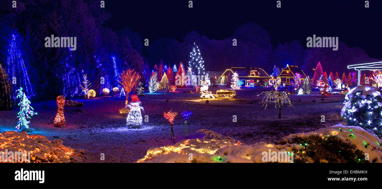 Village in christmas lights, panoramic view Stock Photo