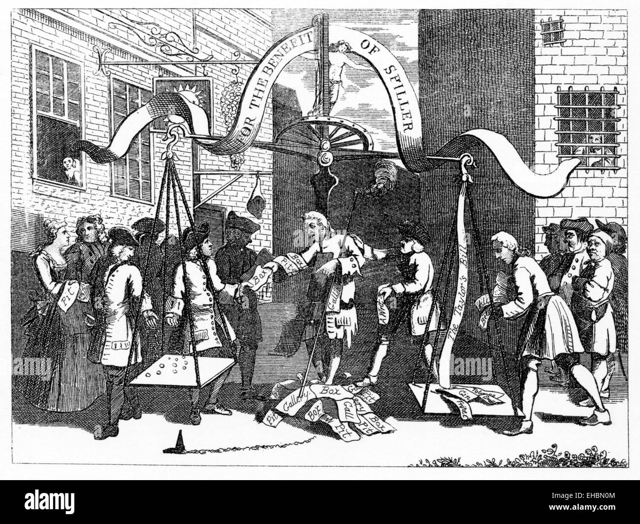 For The Benefit of Spiller, an engraving by William Hogarth in 1728, depicting the actor James Spiller trying to raise money outside debtors prison. Stock Photo