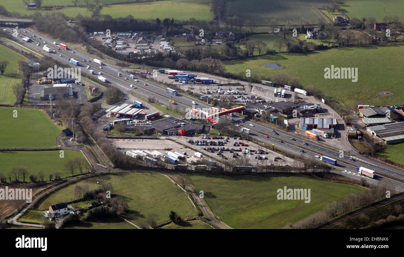aerial view of M6 Roadchef  services, motorway service station, Sandbach, Cheshire, UK Stock Photo