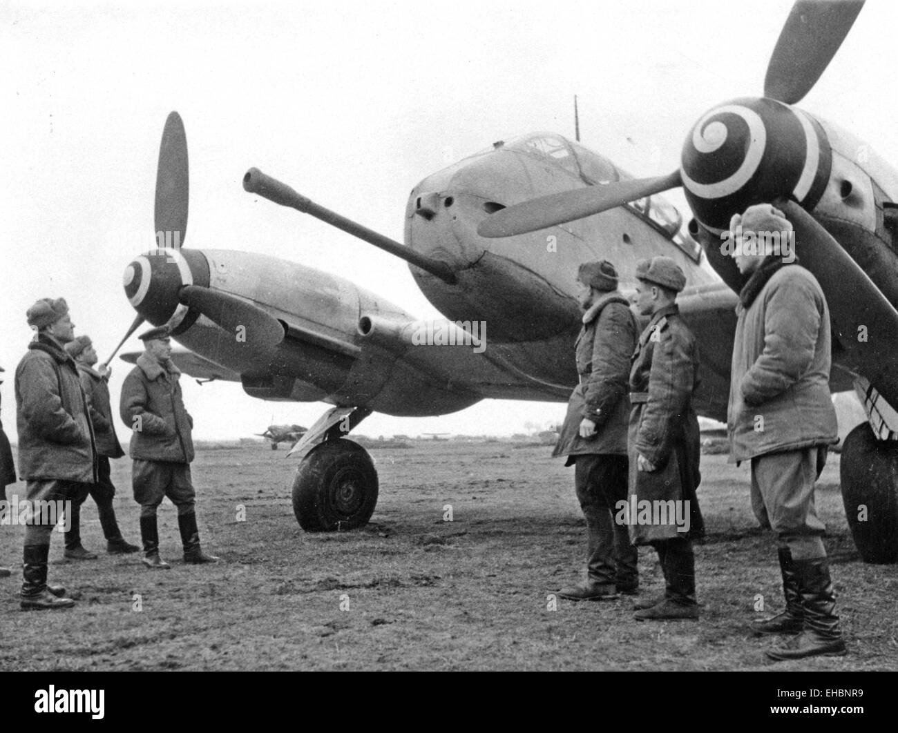 MESSERSCHMITT  Me 210  on a German airfield in South Pomerania captured by Soviet forces about 1942. The aircraft was very unpopular with its crews. Stock Photo
