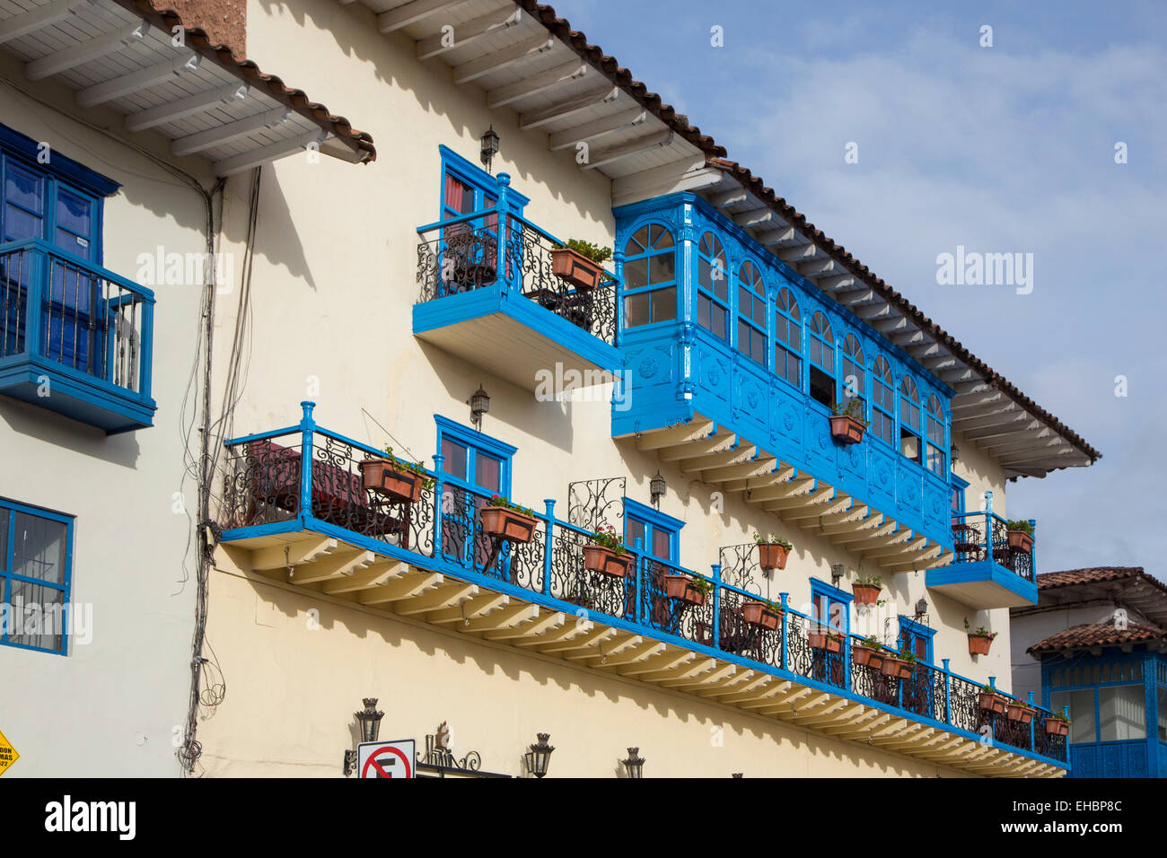 Wood Balcony, Cusco, Urubamba Province, Peru Stock Photo