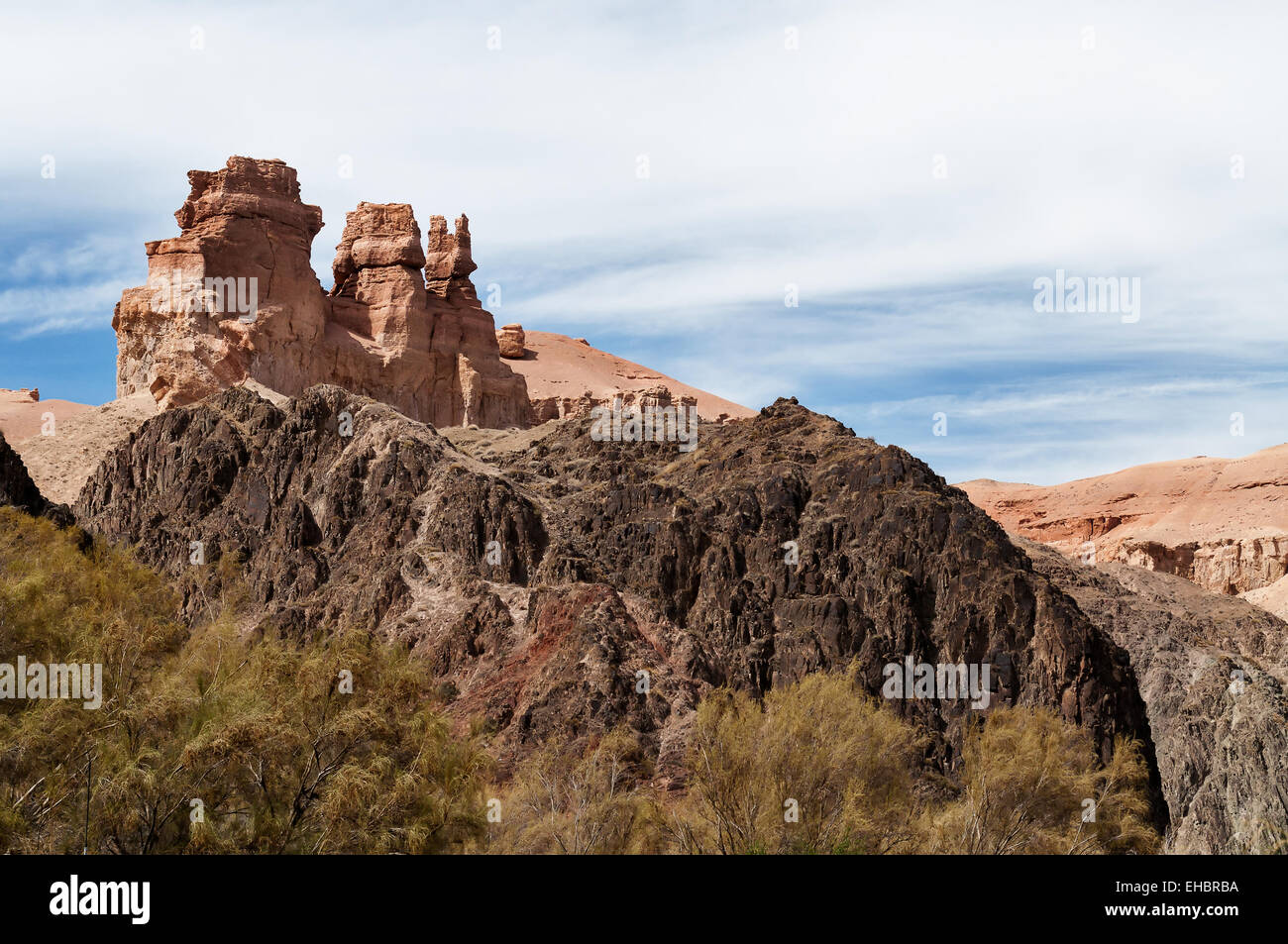 Valley of Castles in Sharyn Canyon.  Sharyn Canyon is an 80 km canyon on the Sharyn River, 200 kilometres east of Almaty. Kazakh Stock Photo