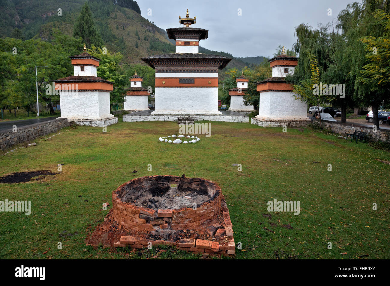 BU00313-00...BHUTAN - The Five Chortens welcome visitors to the town of Paro. Stock Photo