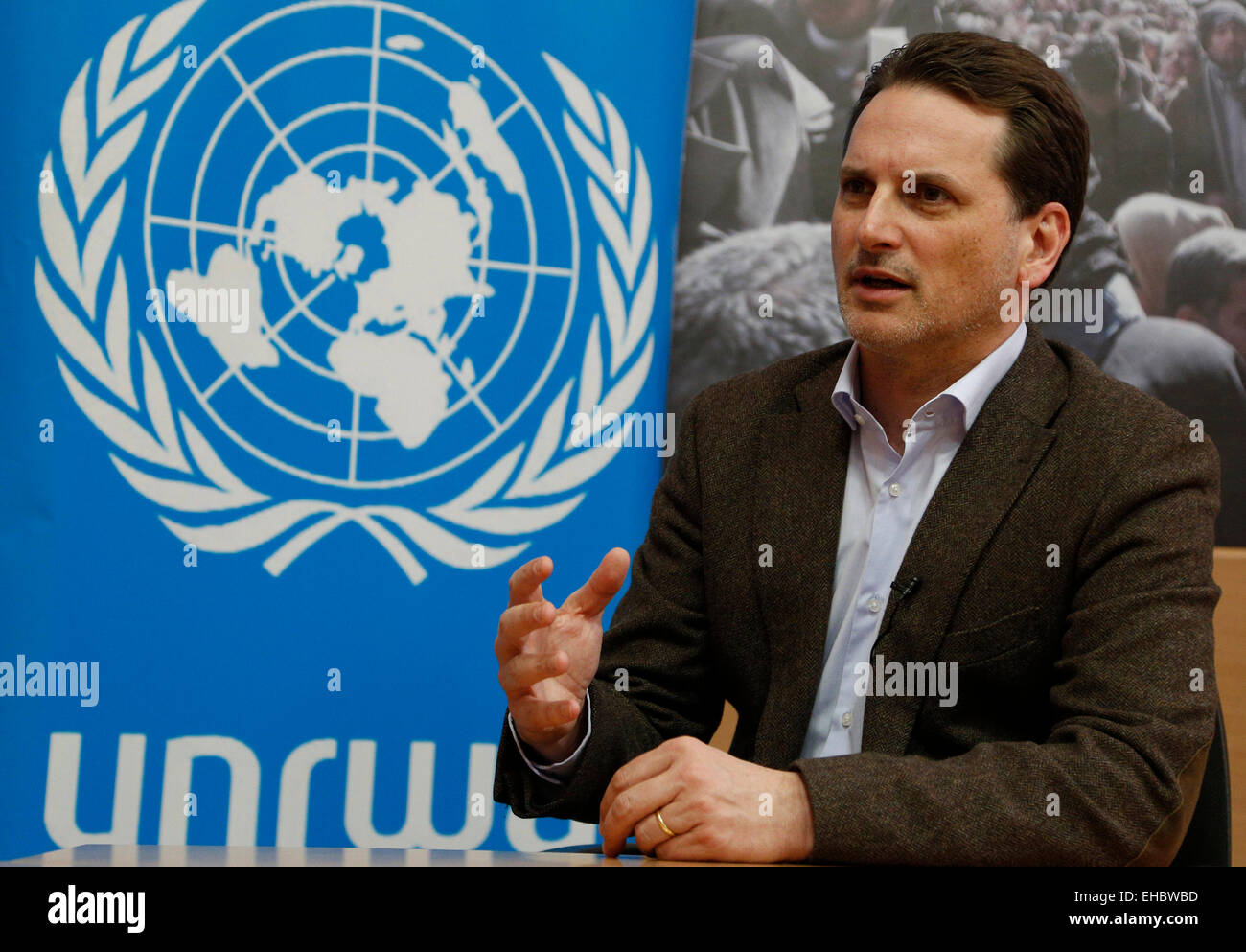 Damascus. 11th Mar, 2015. Pierre Krahenbuhl, United Nations Relief and Works Agency (UNRWA) Commissioner-General speaks during an interview in Damascus on March 11, 2015. He said the situation of the Palestinian refugees in Syria is critical amid insufficient assistance for the afflicted people. © Bassem Tellawi/Xinhua/Alamy Live News Stock Photo