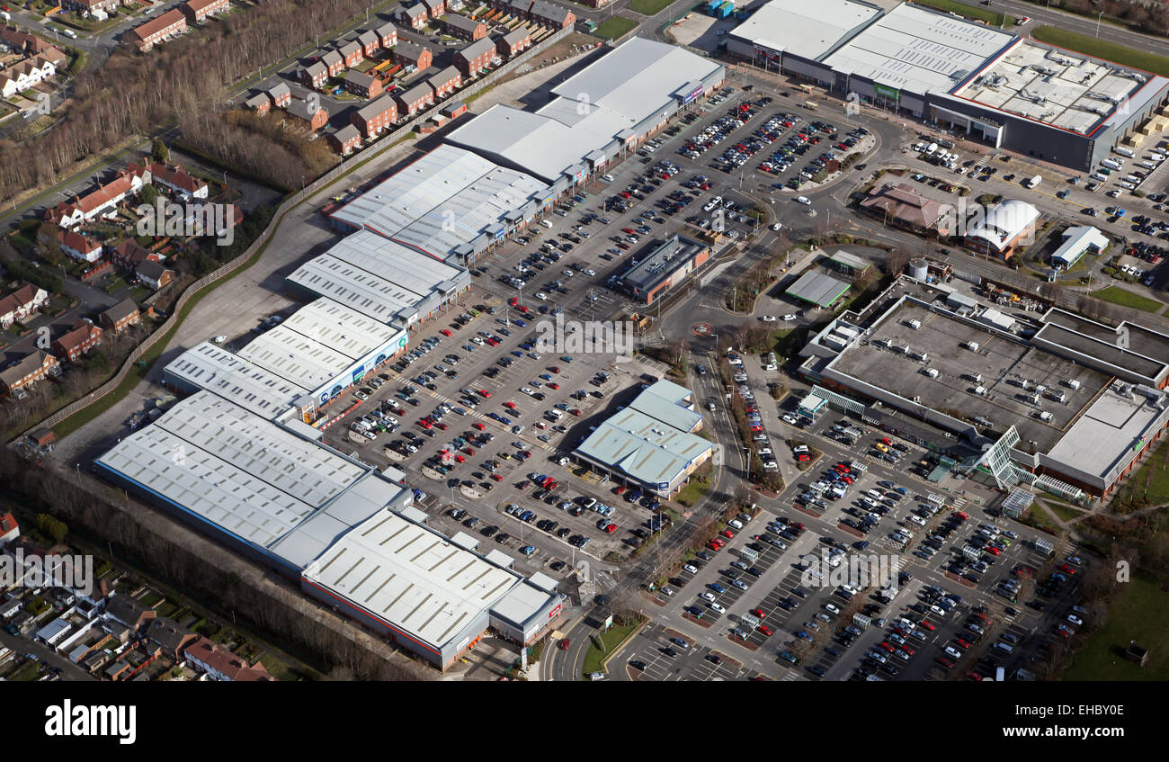 aerial view of Croft Retail & Leisure Park at Bromborough, Wirral, Merseyside, UK Stock Photo