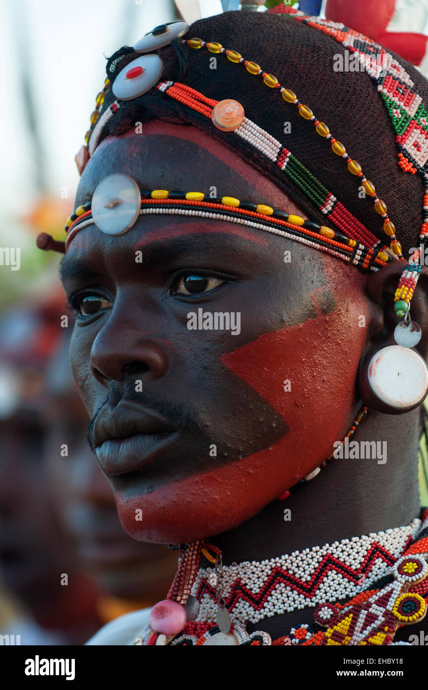 A Samburu Moran (warrior) decorated for a wedding ceremony, Archer's Post area, Kenya Stock Photo