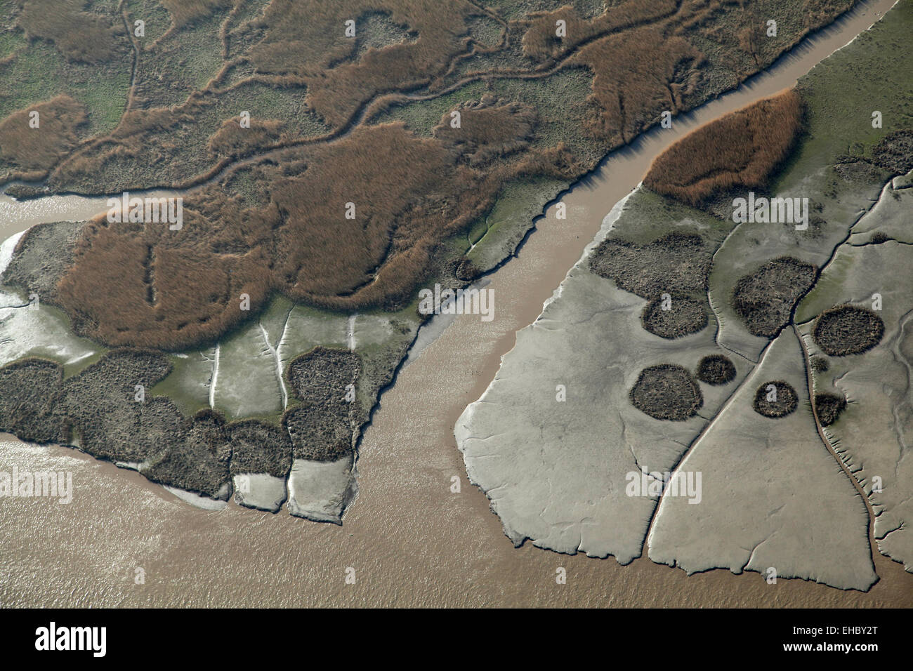 aerial view of a 200 yard stretch of coast on Whitton Sands, an island in the Humber Estuary, UK Stock Photo