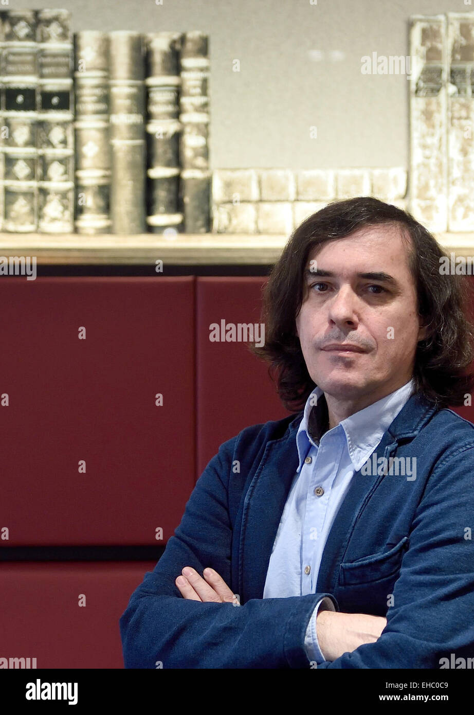 The Romanian writer Mircea Cartarescu sits in the lobby of a hotel in