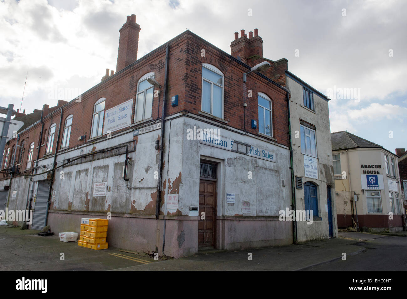 Derelict and run down buildings at Grimsby Fish Docks. Stock Photo