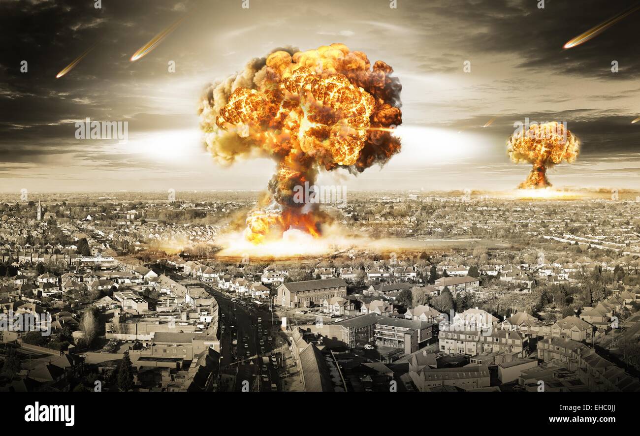 Danger of nuclear war illustration with multiple explosions Stock Photo