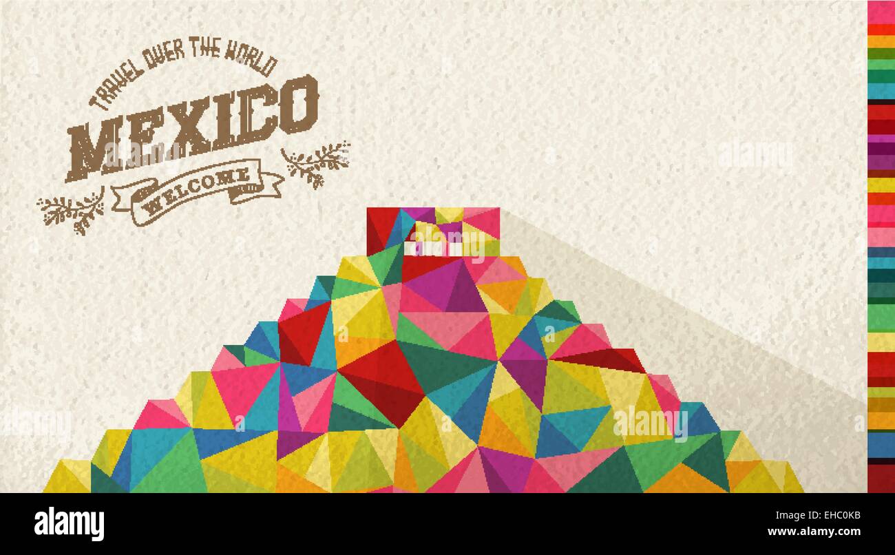 Travel Mexico famous landmark. Colorful polygonal monument with vintage label and textured paper background. Ideal for website Stock Vector