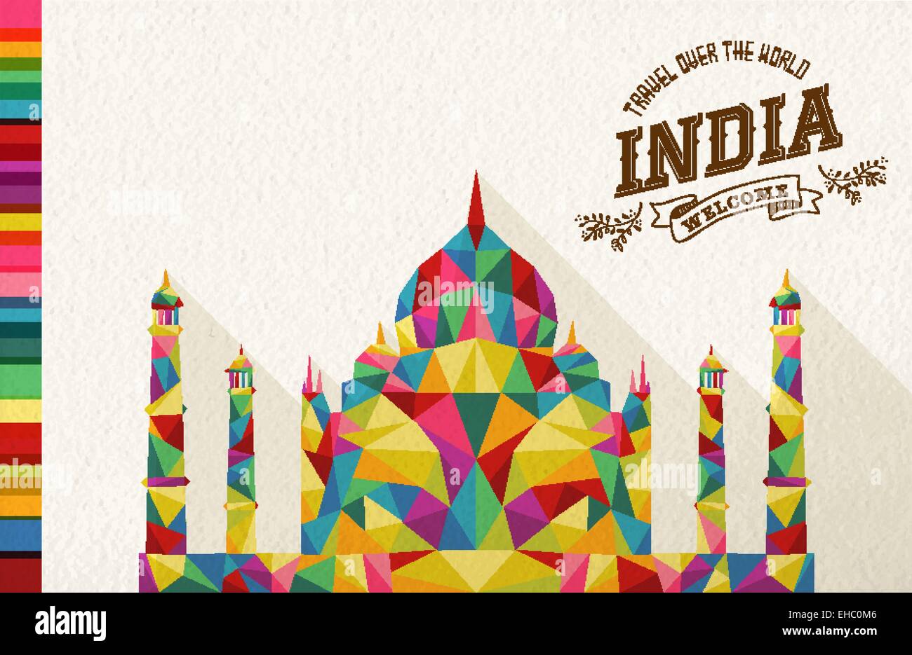 Travel India famous landmark. Colorful polygonal monument with vintage label and textured paper background. Ideal for website Stock Vector