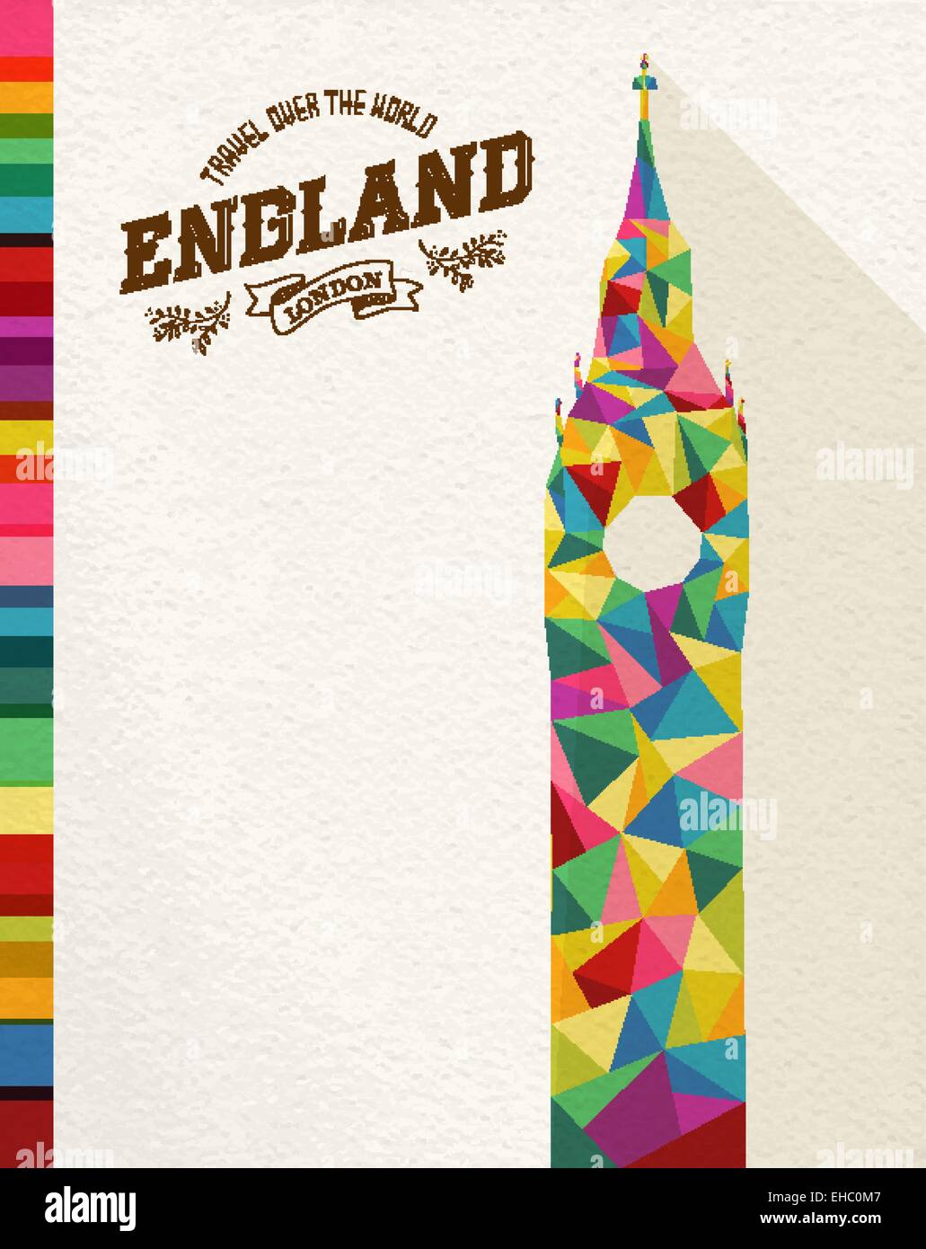 Travel England famous landmark. Colorful polygonal monument with vintage label and textured paper background. Ideal for website Stock Vector