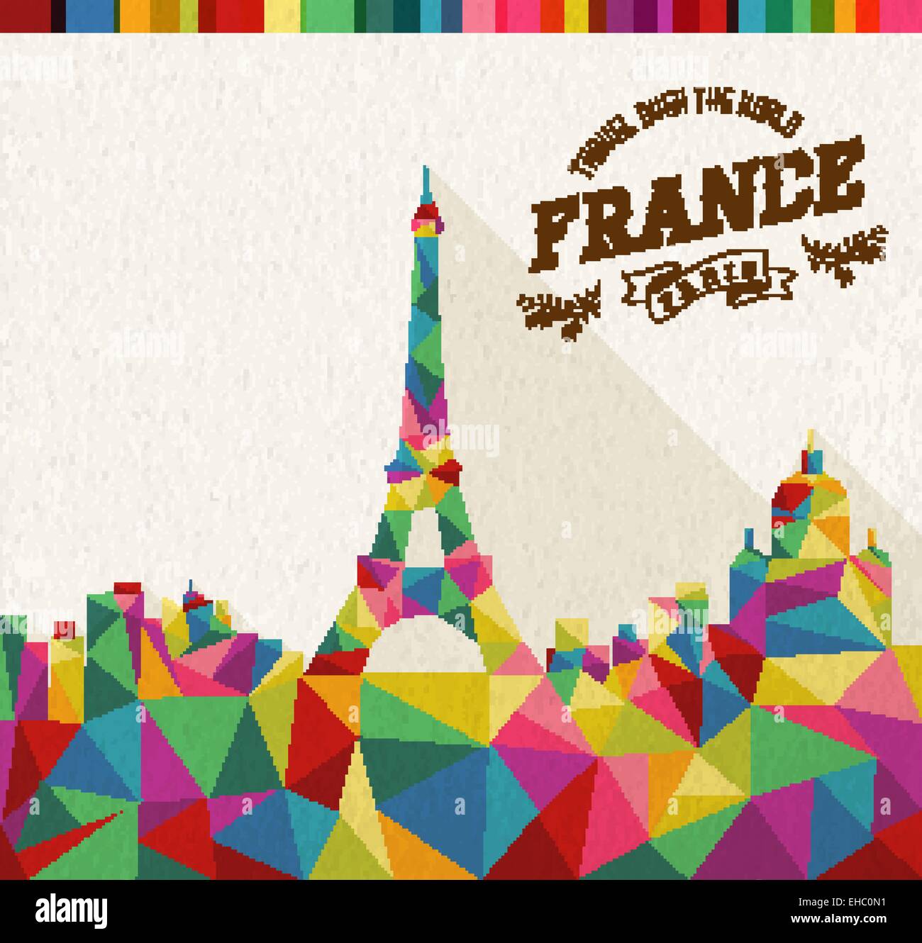 Travel France famous landmark. Colorful polygonal skyline with vintage label and textured paper background. Ideal for website Stock Vector