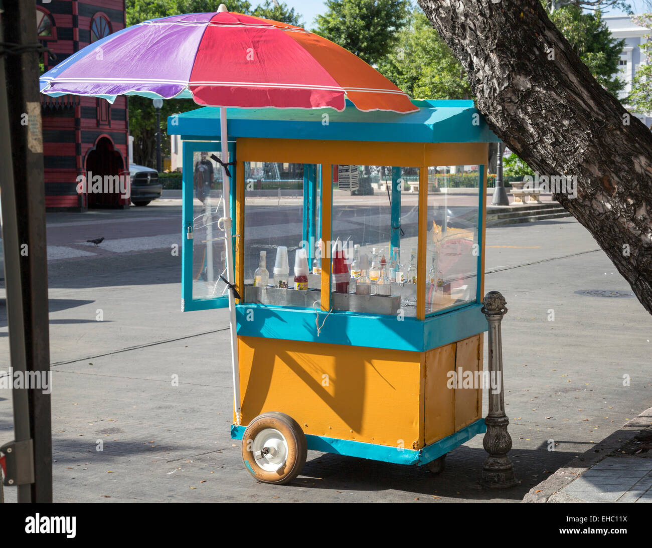 Colorful snow cone stand on street in Ponce, Puerto Puerto Rico. No one around Stock Photo