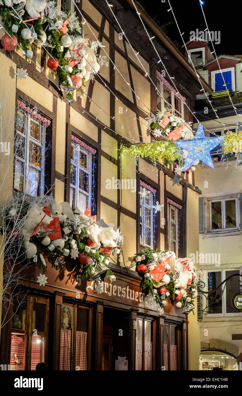 'Chez Yvonne' restaurant with Christmas decoration Strasbourg Alsace France Europe Stock Photo