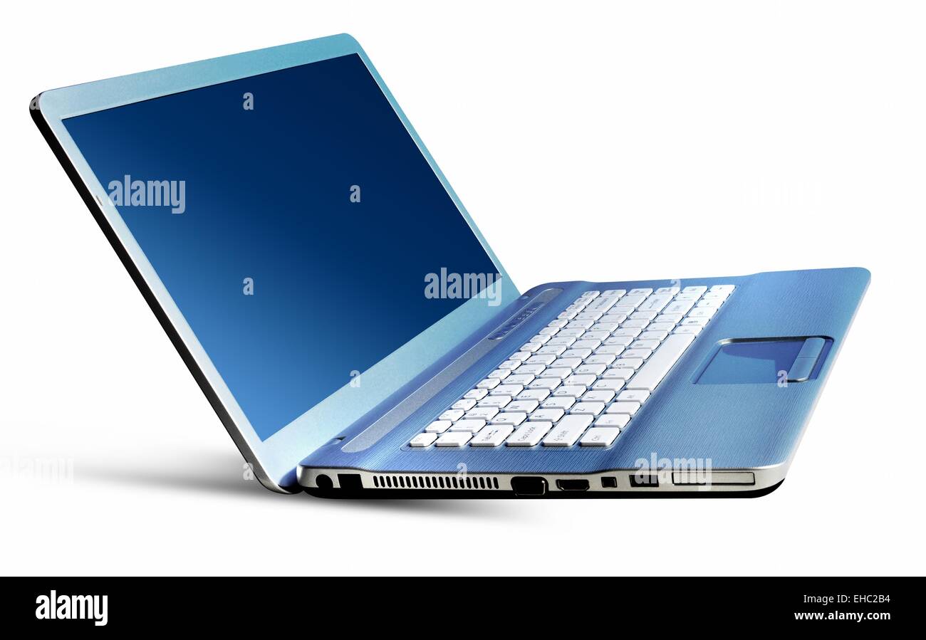 Metallic silver blue laptop notebook isolated on a white background. Stock Photo