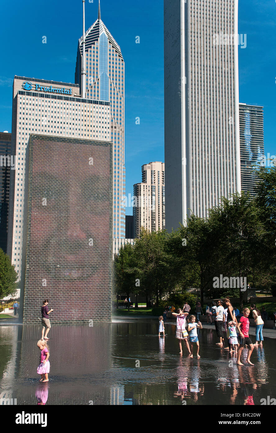 People enjoying the Crown Fountain in Chicago, Illinois. Stock Photo
