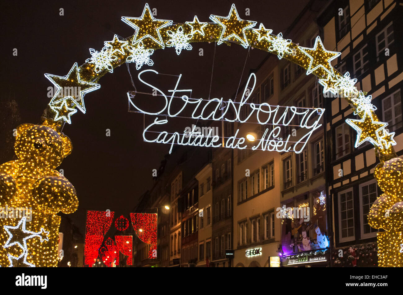 Illuminated Christmas decoration sign at night Strasbourg Alsace France Europe Stock Photo