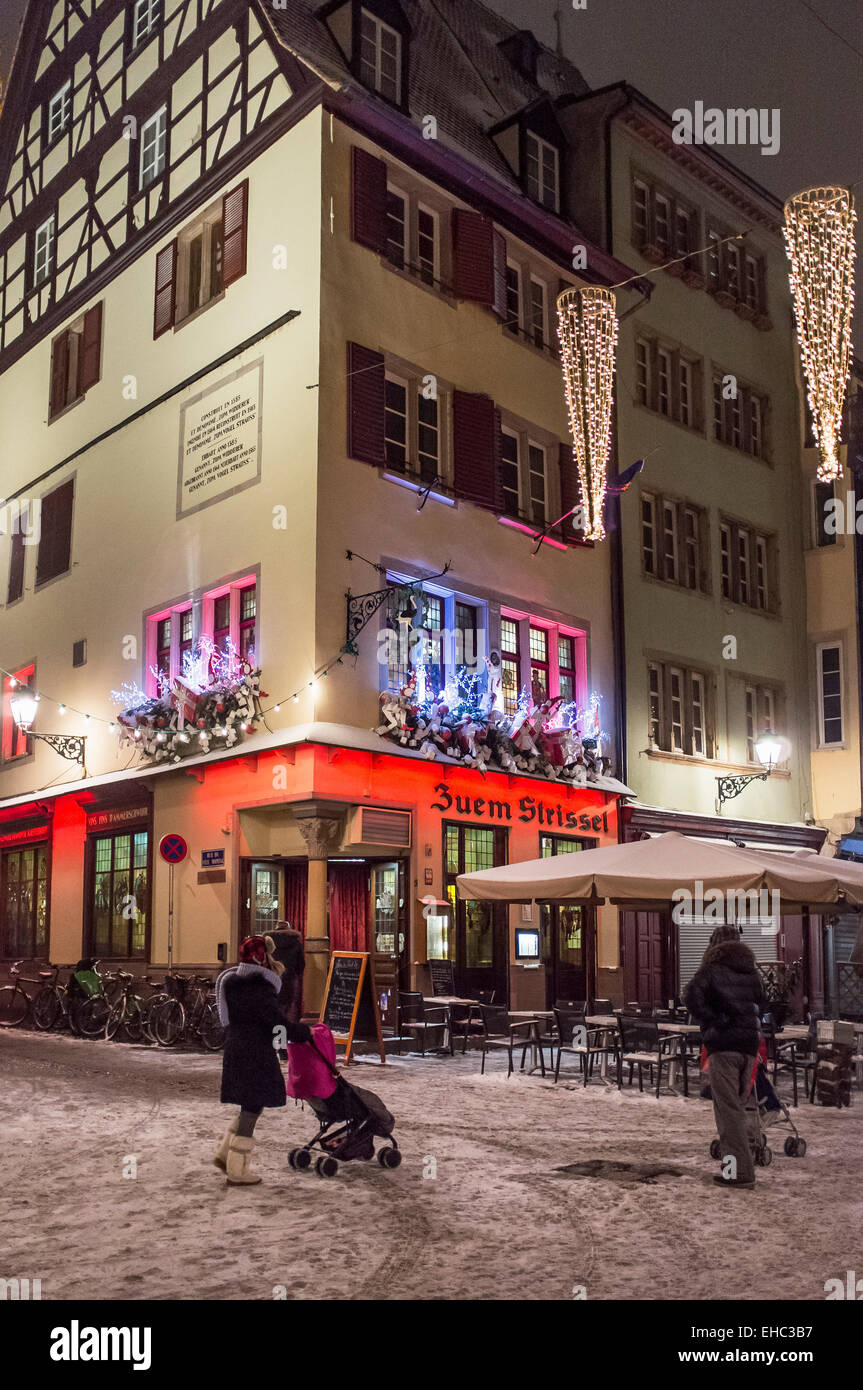 'Zuem Strissel' restaurant at night on Christmas time Strasbourg Alsace France Stock Photo