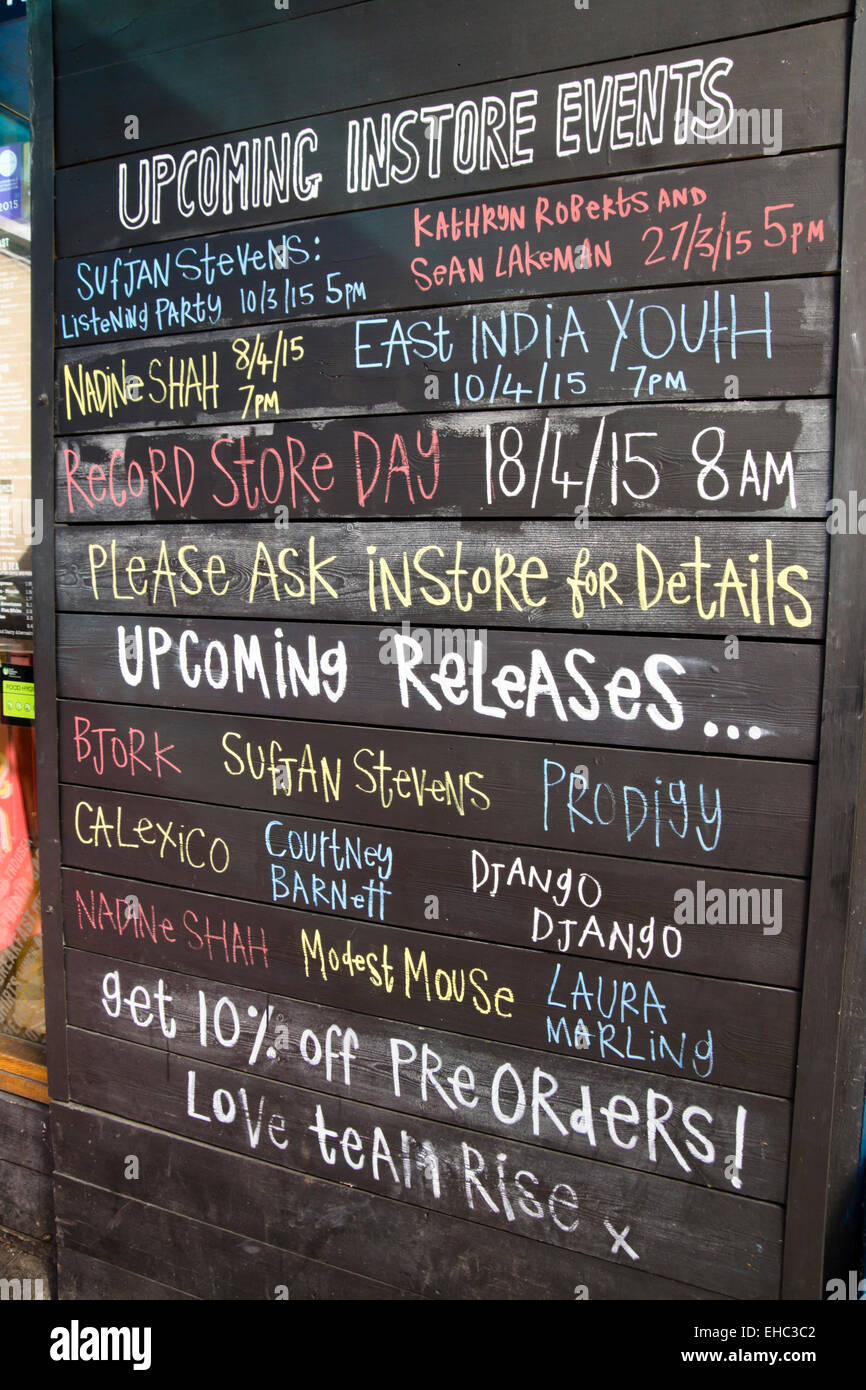 Blackboard showing musical events at the Rise Music Store Clifton Bristol Stock Photo