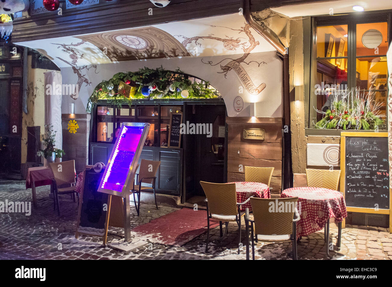 Strasbourg, restaurant terrace and entrance, night, Alsace, France, Europe, Stock Photo