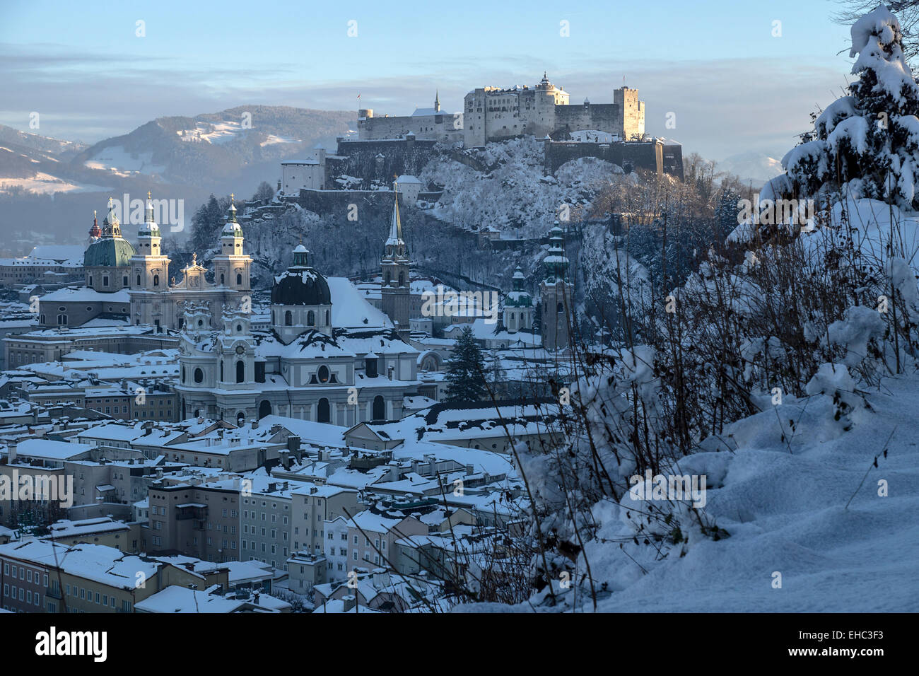 Salzburg old town covered with snow, last sun, Austria Stock Photo - Alamy