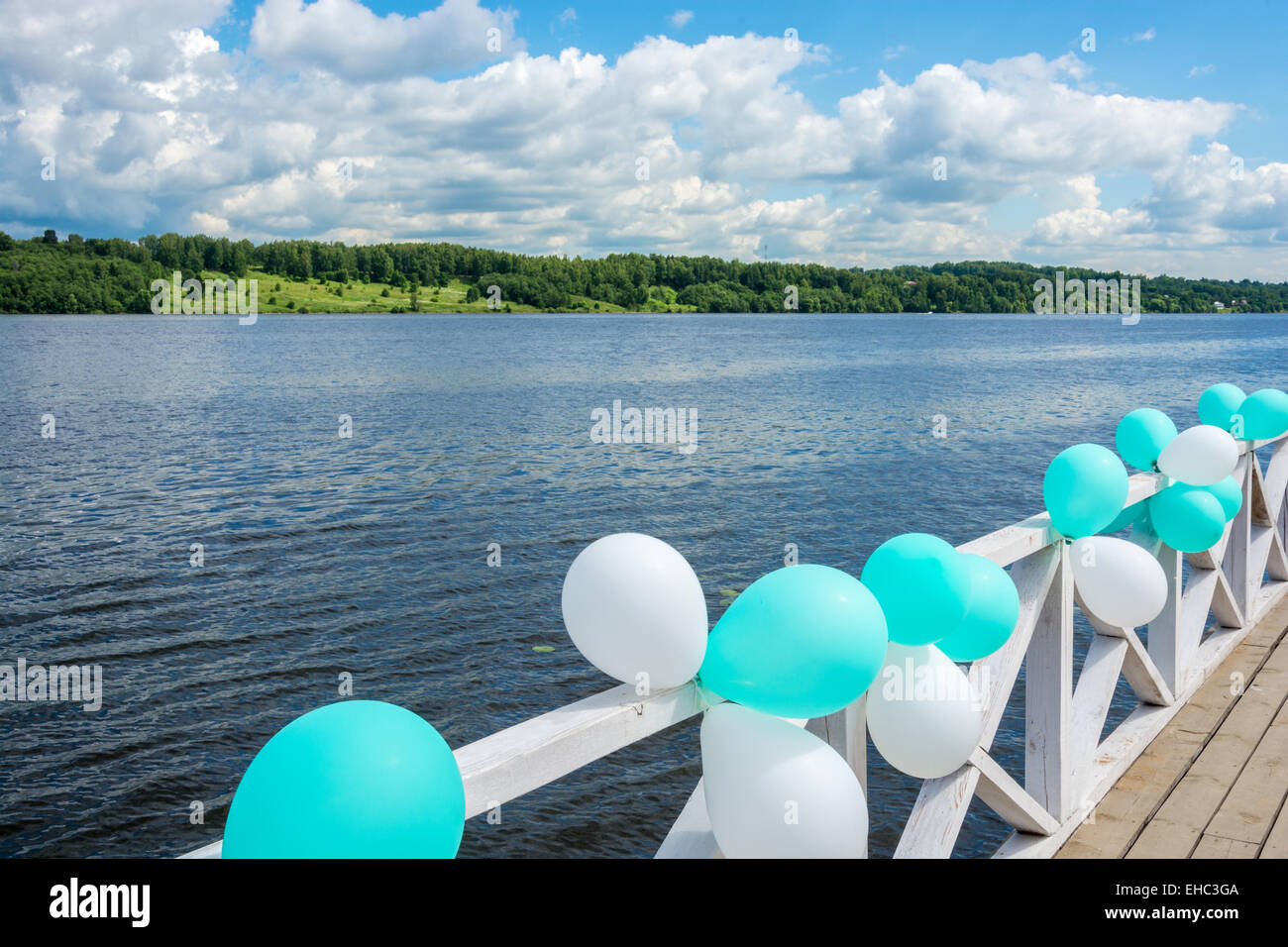 The embankment of the river Volga decorated with balloons on a Sunny day. Stock Photo