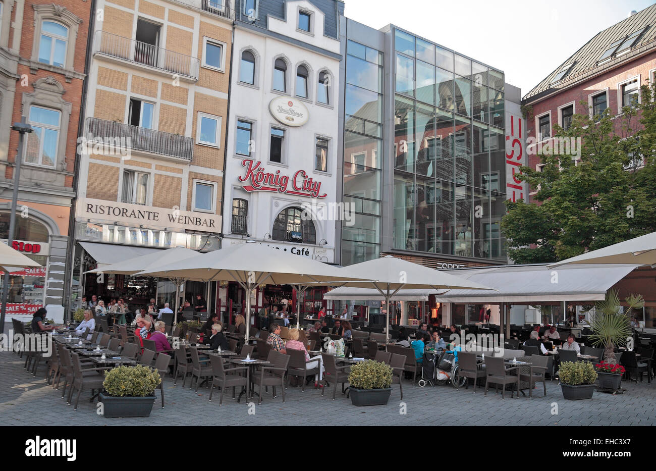 General view of cafes and bars (inc Konig City) on Holzgraben 7, Aachen, Germany. Stock Photo
