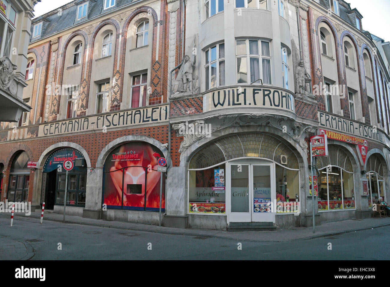 The historic shop front of the Germania-Fischhallen Wilh. Frohn (German fish halls) shop in Aachen, Germany. Stock Photo