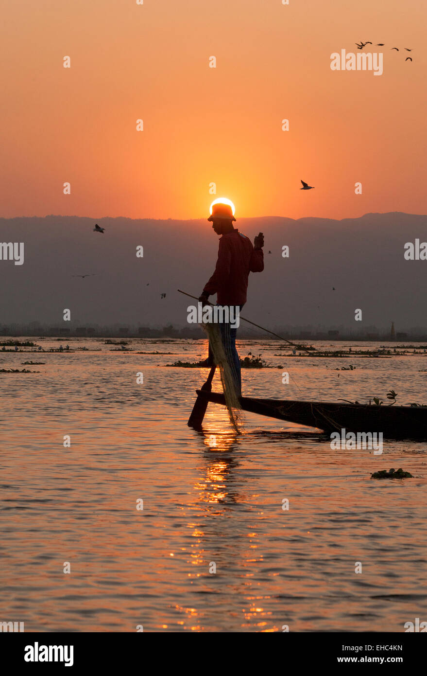 Leg rowing fisherman at sunset, Inle Lake, Myanmar ( Burma ), Asia