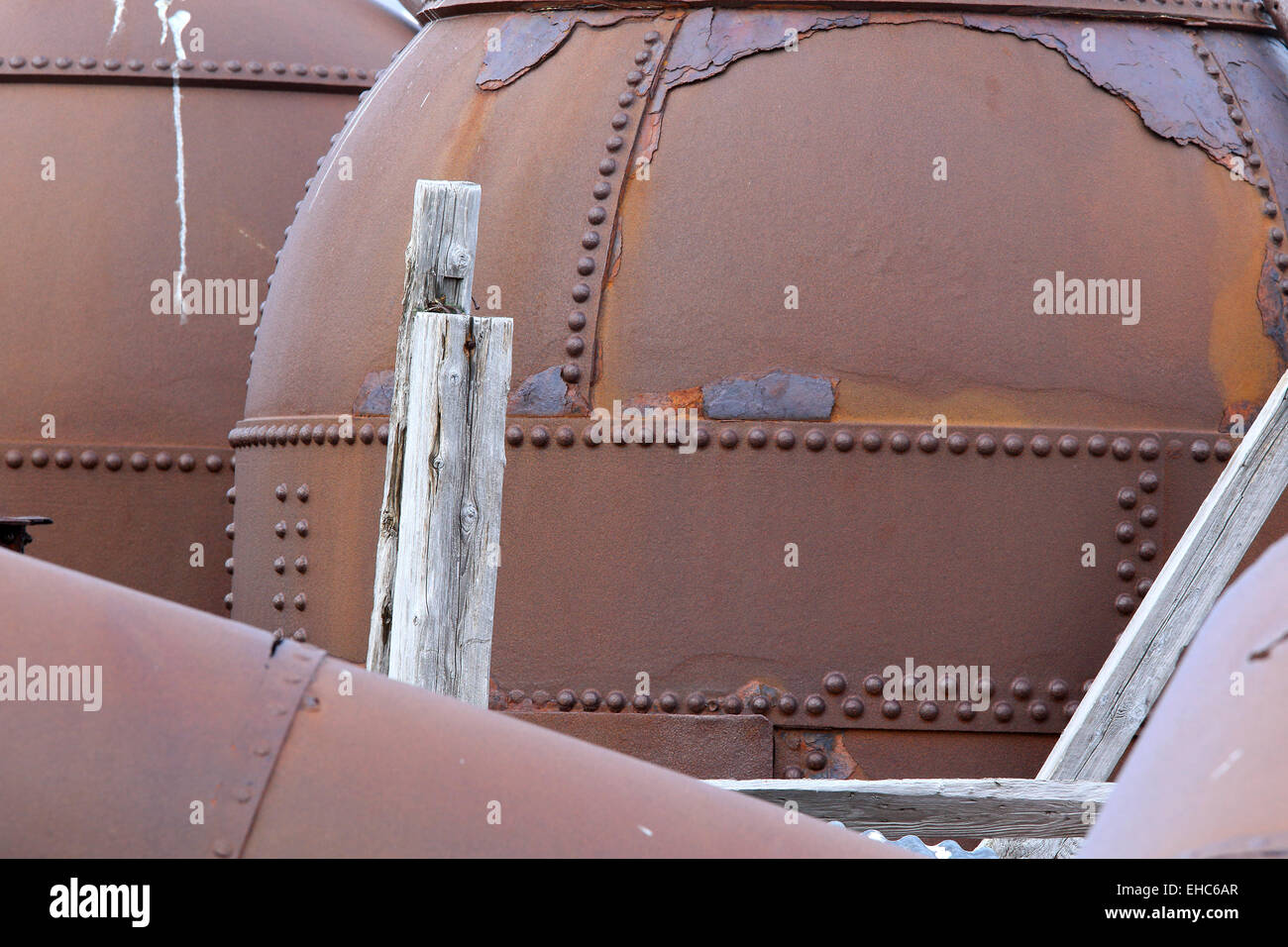 Rusty background makes good background texture. Old whaling structures rust in Antarctica, Deception Island. Stock Photo