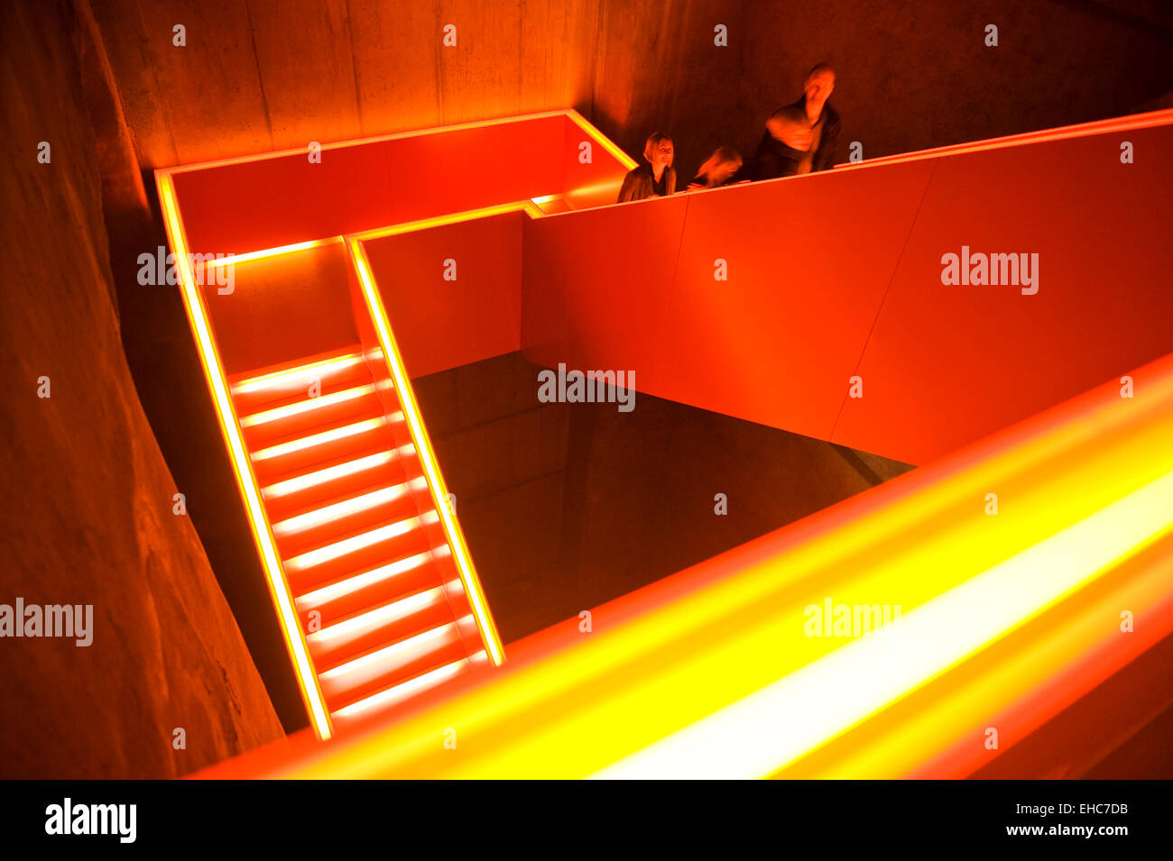 Illuminated stairwell of the former coal washery in the pit  Zollverein in Essen, Ruhr Museum today, Germany Stock Photo