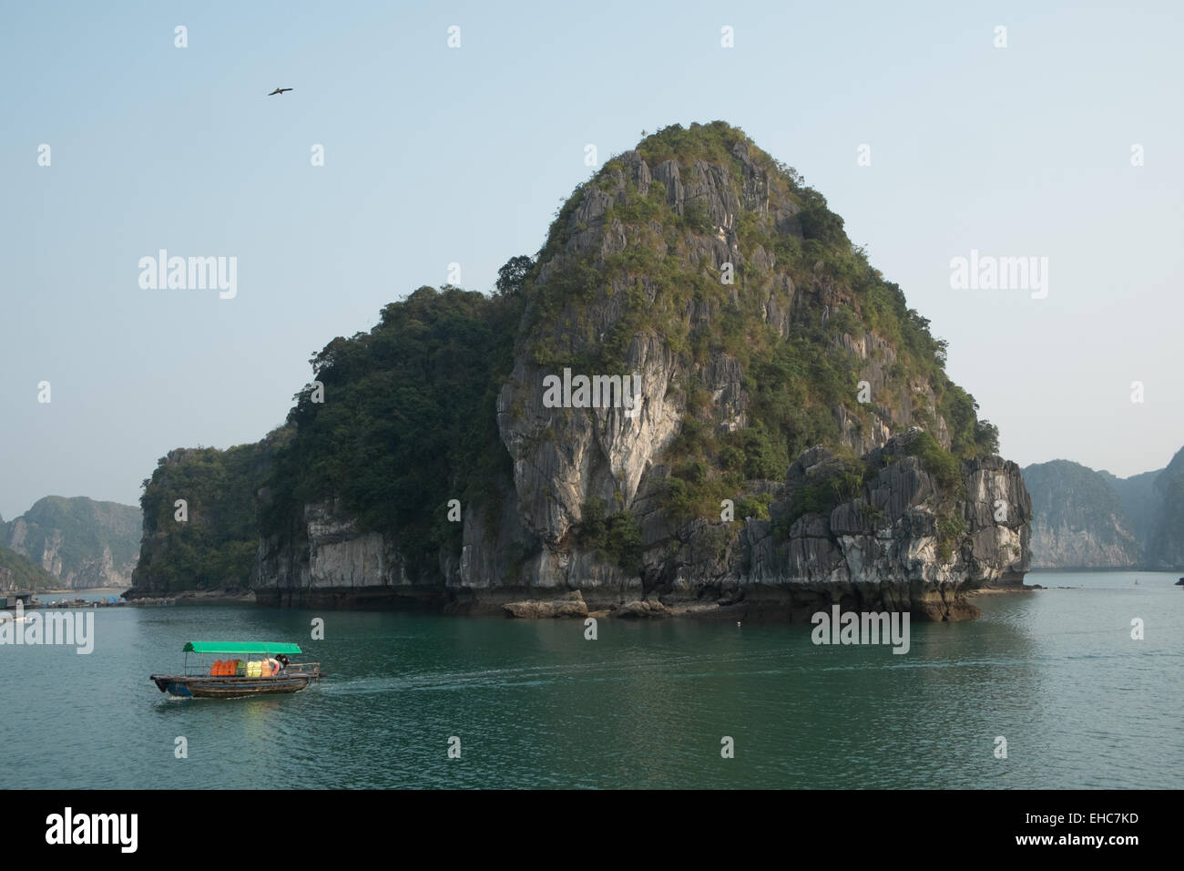 small local boat passing Limestone karst in Cat Ba National Park,Ha