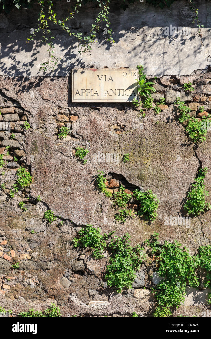 Sign to the ancient Via Appia in Rome, Italy. Stock Photo