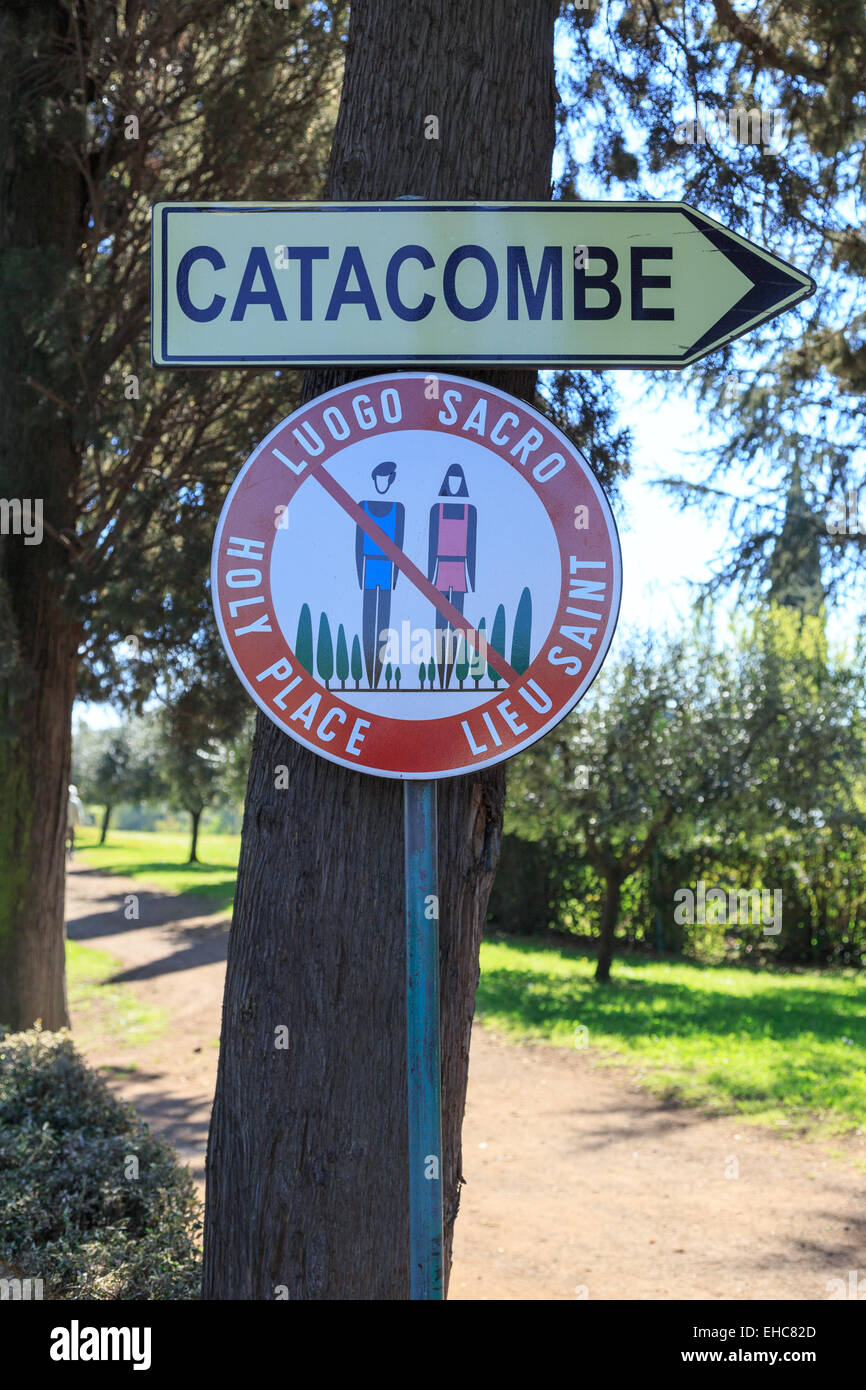 Sign pointing towards catacombs in the Appian Way in Rome, Italy. Stock Photo