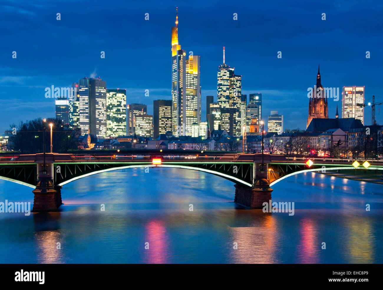 The River Main, Ignatz Bubis Bridge, Dom Cathedral & Skyscrapers of Frankfurt's Business District, Frankfurt, Germany, Europe Stock Photo