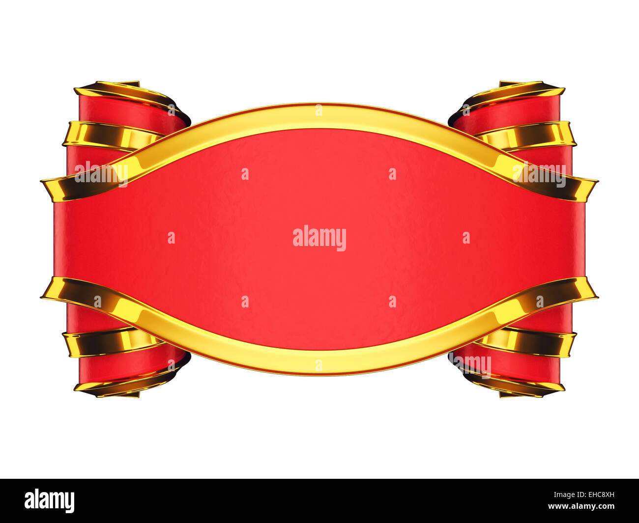 Massive red emblem with golden edging and curles. Over white Stock Photo