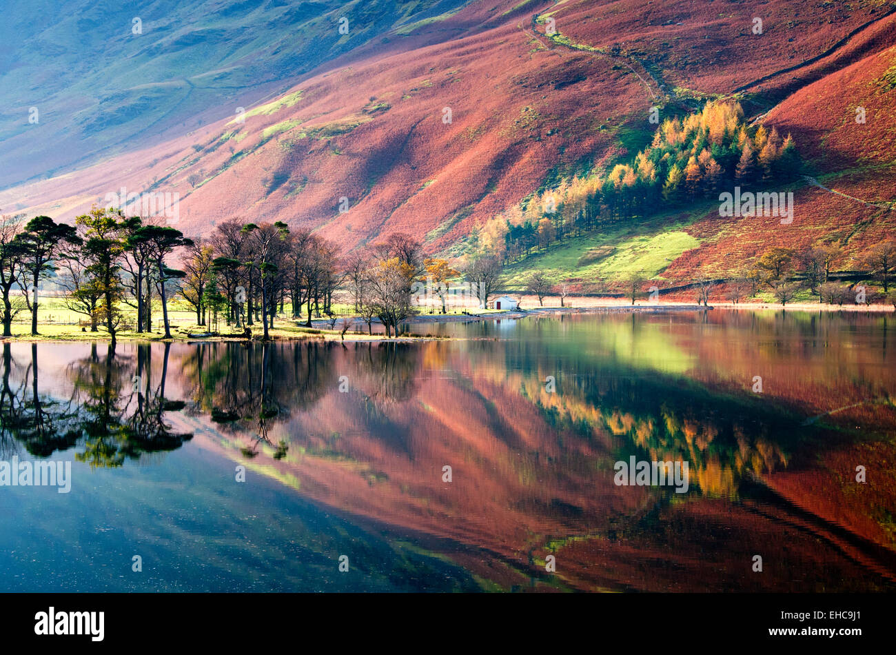 Autumn Reflections in Buttermere, Lake District National Park, Cumbria, England, UK Stock Photo