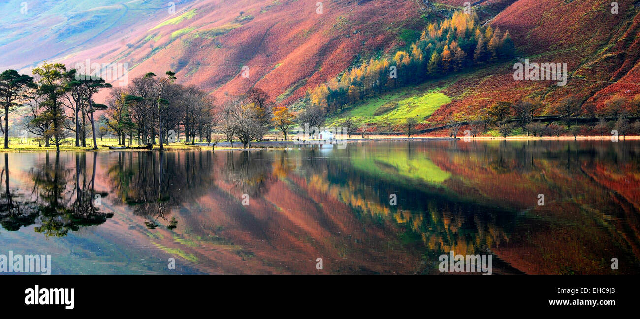 Autumn Reflections in Buttermere, Lake District National Park, Cumbria, England, UK Stock Photo