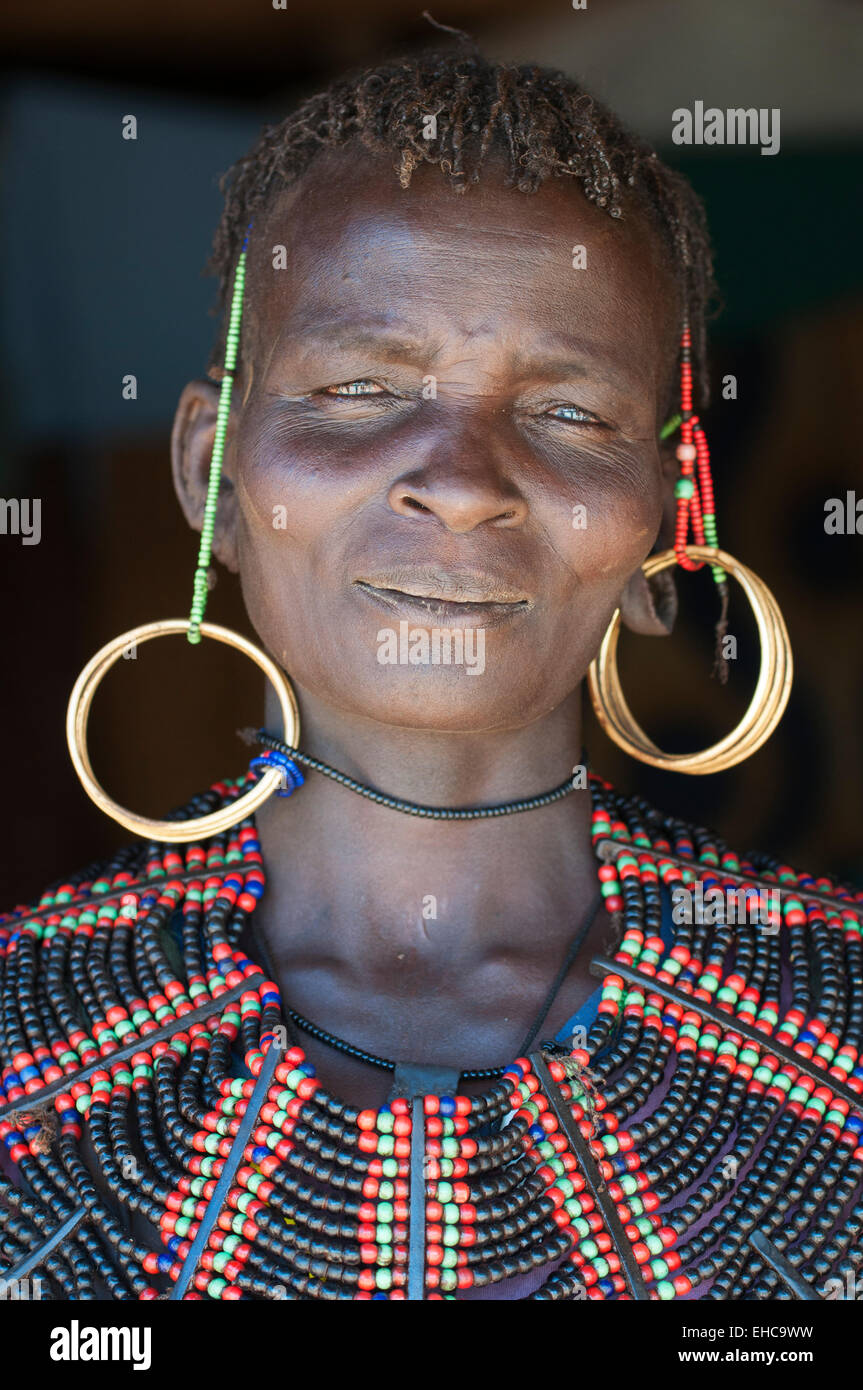 A Pokot woman with massive beaded necklace collier ad brass rings, Tengulbei, Kenya Stock Photo