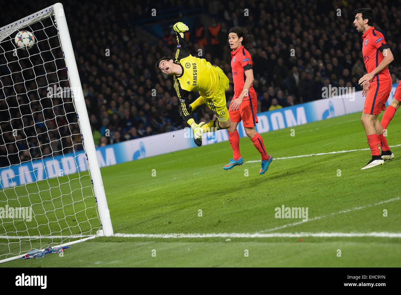 Stamford Bridge, Chelsea, London UK. 11th Mar, 2015. UEFA Champions League second leg. Chelsea versus Paris St Germain. Looping header from Thiago Silva (PSG) past Chelsea keeper Thibaut Courtois (Chelsea) which won the tie on away goals rule for PSG Credit:  Action Plus Sports/Alamy Live News Stock Photo