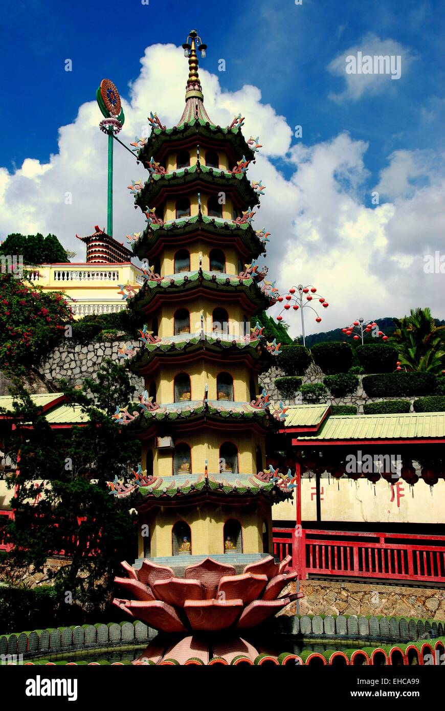 Penang, Malaysia:  The Lotus pagoda with small gold statues of Buddha set in recessed niches at the 1891 Kek Lok Si Temple Stock Photo