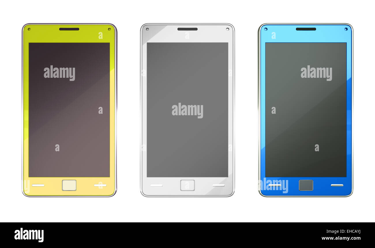 Smart phones in yellow blue and white colours over white Stock Photo