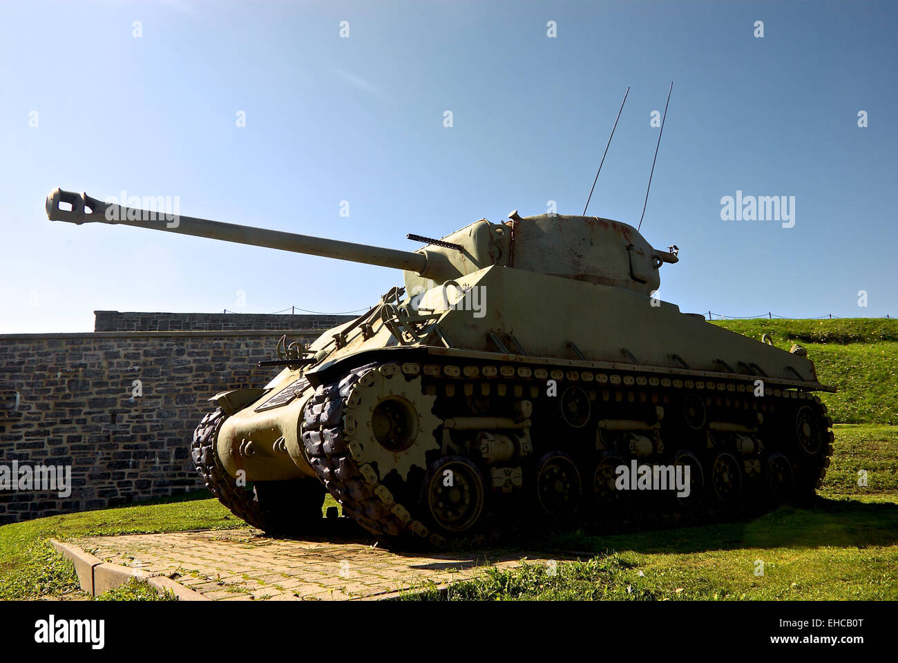 WWII Sherman tank behind stone walls of 22nd French Canadian Regiment La Citadelle fortress Quebec City Stock Photo