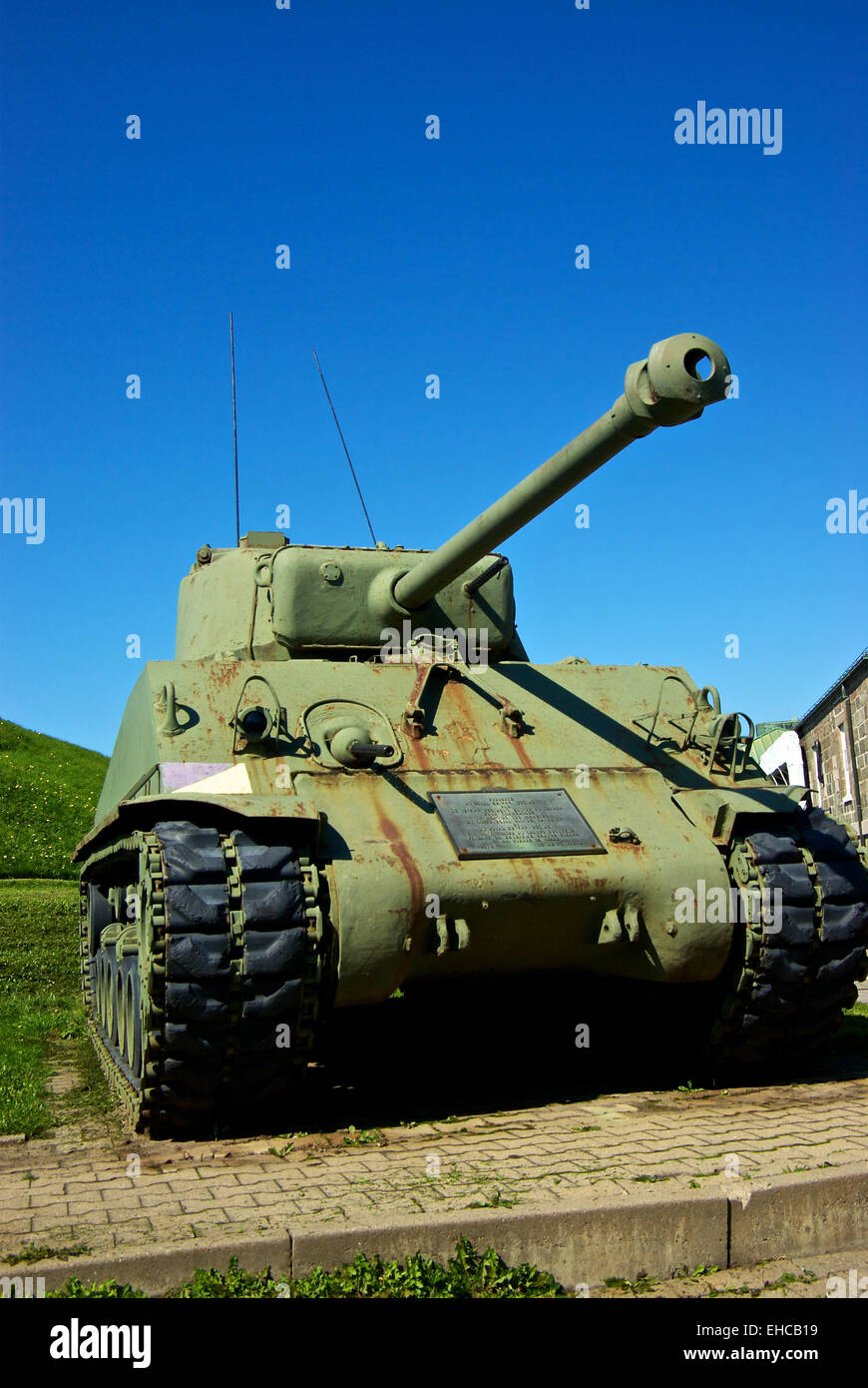 WWII Sherman tank behind stone walls of 22nd French Canadian Regiment La Citadelle fortress Quebec City Stock Photo