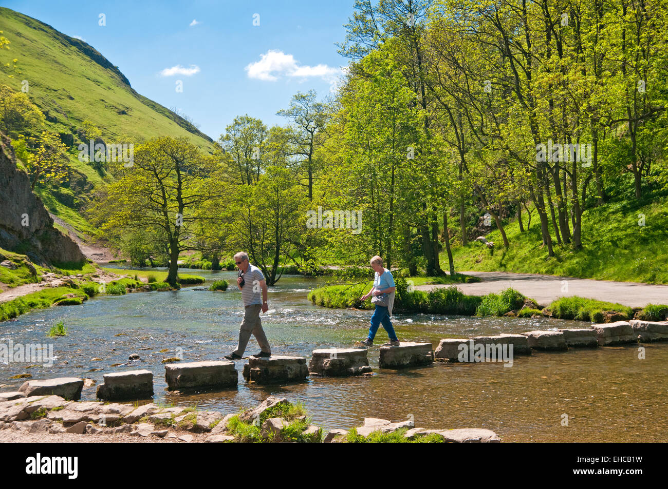 Stepping Stones over The River Manifold, Dovedale, Peak District National Park, Derbyshire, England, UK Stock Photo