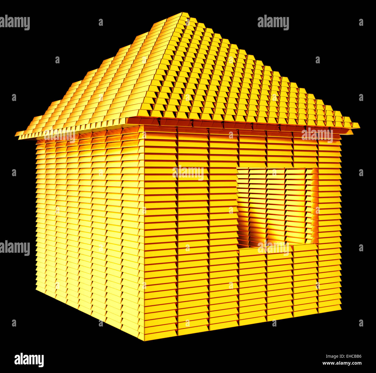 Valuable real estate: gold bars house shape over black Stock Photo